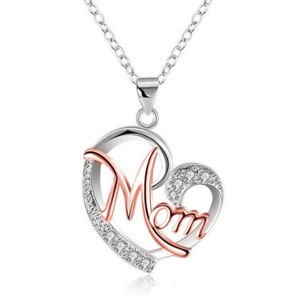 Silver/Pink Love Heart Mom Charm Pendant Chain Necklace Great Gift Mother's Day